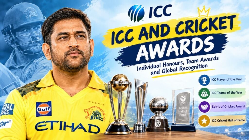 MS Dhoni ICC and cricket awards feature image showcasing his cricket honours, ICC Player of the Year awards, ICC Teams of the Year selections, Spirit of Cricket Award, and ICC Cricket Hall of Fame recognition.