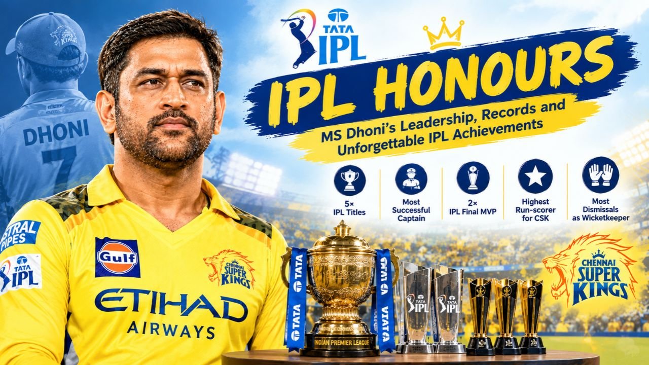 MS Dhoni IPL honours feature image showcasing his Chennai Super Kings career, five IPL titles, captaincy achievements, IPL Final MVP awards, batting records, wicketkeeping accomplishments, and IPL trophies.