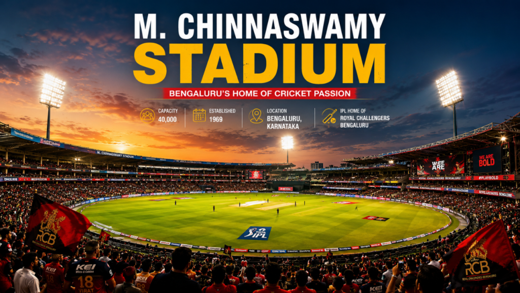 M. Chinnaswamy Stadium in Bengaluru during an IPL match with a packed crowd, floodlights, and a vibrant evening sky showcasing the iconic cricket venue.