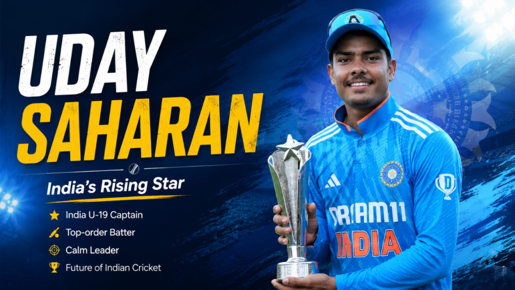 Uday Saharan holding a trophy in India's cricket jersey in a featured banner highlighting his cricket journey