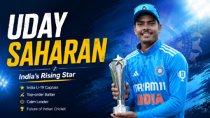 Uday Saharan holding a trophy in India's cricket jersey in a featured banner highlighting his cricket journey