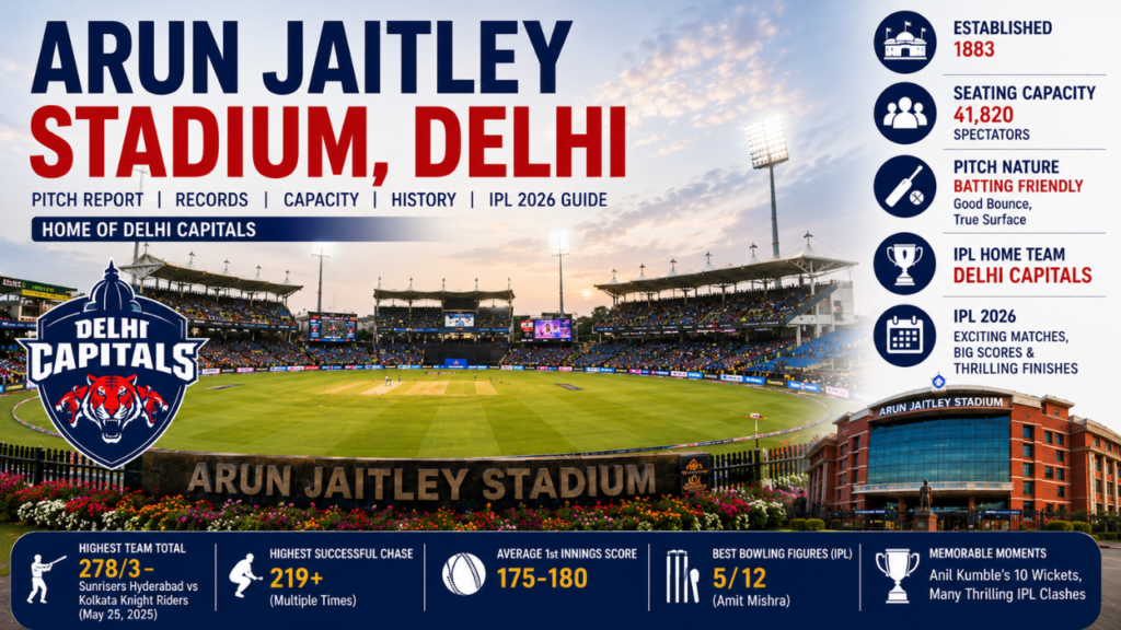 Arun Jaitley Stadium, Delhi feature image showing pitch report, 41,820 seating capacity, IPL records, history, and highest team total.