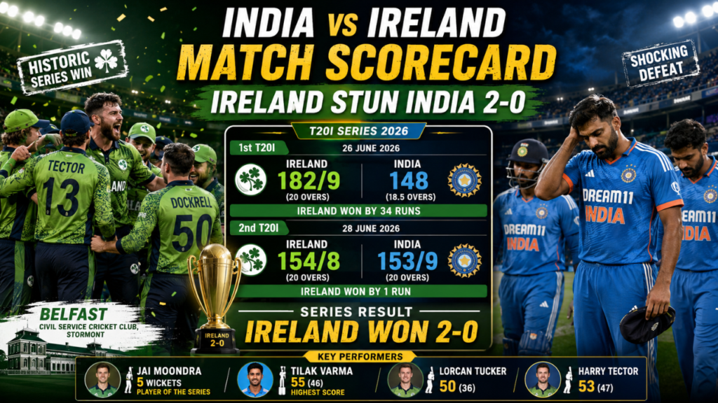 India National Cricket Team vs Ireland Cricket Team Match Scorecard graphic showing Ireland's historic 2-0 T20I series victory over India in Belfast, featuring match results (182/9 vs 148 and 154/8 vs 153/9), celebrating Irish players, disappointed Indian players, and Player of the Series Jai Moondra.