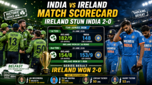 India National Cricket Team vs Ireland Cricket Team Match Scorecard graphic showing Ireland's historic 2-0 T20I series victory over India in Belfast, featuring match results (182/9 vs 148 and 154/8 vs 153/9), celebrating Irish players, disappointed Indian players, and Player of the Series Jai Moondra.