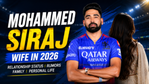 Mohammed Siraj wife feature image showing Mohammed Siraj alongside an unidentified woman with her face hidden against a cricket stadium background.