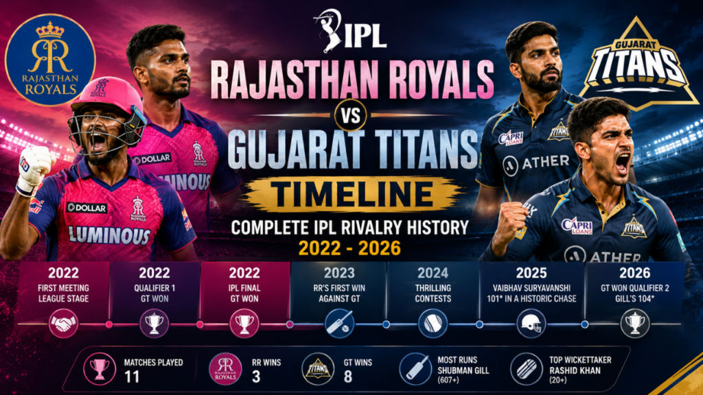 Rajasthan Royals vs Gujarat Titans timeline infographic featuring IPL rivalry history from 2022 to 2026, team players, match milestones, head-to-head record, and key performances.