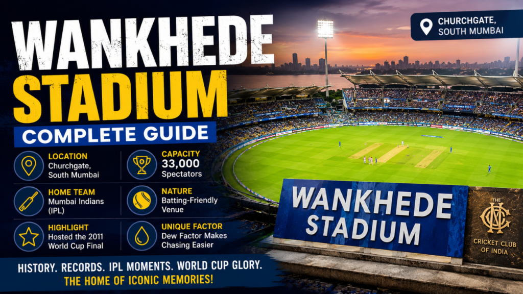 Wankhede Stadium in Mumbai during a cricket match, showing the packed stands, floodlights, and key stadium highlights.