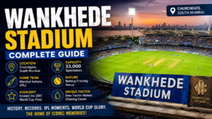Wankhede Stadium in Mumbai during a cricket match, showing the packed stands, floodlights, and key stadium highlights.