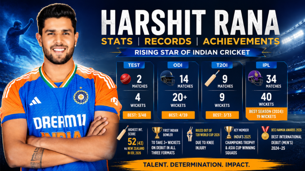 Harshit Rana Stats 2026 feature image highlighting his Test, ODI, T20I, and IPL records, career achievements, wickets, and key milestones in Indian cricket.