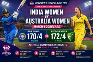 India Women's National Cricket Team vs Australia Women's National Cricket Team Match Scorecard showing Australia defeating India by 6 wickets in the ICC Women's T20 World Cup 2026 at Lord's, London.