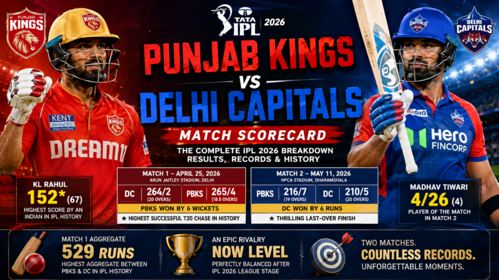 Punjab Kings vs Delhi Capitals match scorecard of IPL 2026 feature image showing the two teams, key players, match results, record-breaking chase, and head-to-head highlights.