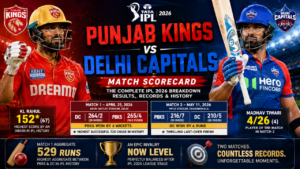 Punjab Kings vs Delhi Capitals match scorecard of IPL 2026 feature image showing the two teams, key players, match results, record-breaking chase, and head-to-head highlights.
