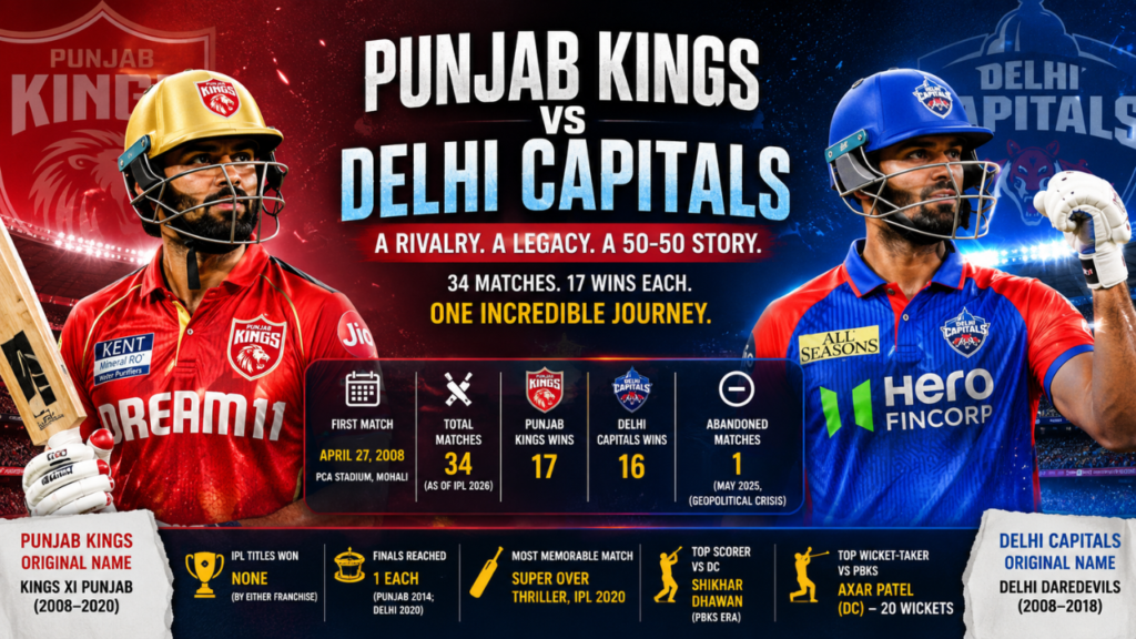 Punjab Kings vs Delhi Capitals timeline infographic showing head-to-head record, 34 IPL matches, rivalry statistics, memorable moments, and team comparison through IPL 2026.
