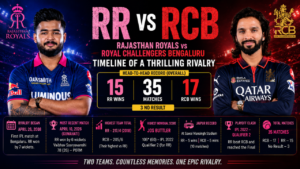 Rajasthan Royals vs Royal Challengers Bengaluru timeline infographic showing head-to-head record, match history, key stats, and memorable IPL rivalry moments.