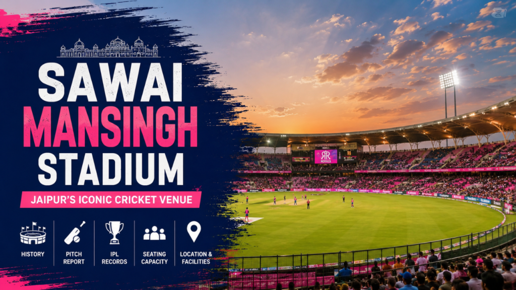 Sawai Mansingh Stadium feature image showcasing Jaipur's iconic cricket stadium with a packed crowd, floodlights, and highlights of pitch report, IPL records, seating capacity, history, and facilities.
