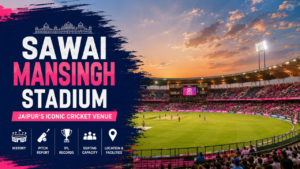 Sawai Mansingh Stadium feature image showcasing Jaipur's iconic cricket stadium with a packed crowd, floodlights, and highlights of pitch report, IPL records, seating capacity, history, and facilities.