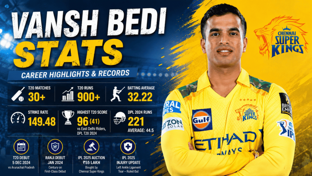 Vansh Bedi stats featured image showing Vansh Bedi in Chennai Super Kings (CSK) jersey with folded arms during the IPL season.