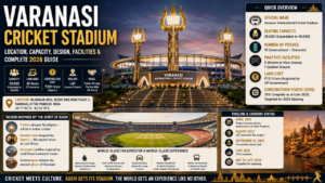 Varanasi Cricket Stadium infographic highlighting its location, 30,000-seat capacity, Shiva-inspired design, facilities, construction timeline, and 2026 opening.