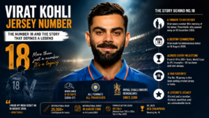 Virat Kohli jersey number feature image with a clean background, featured in a profile highlighting his career, records, and achievements.
