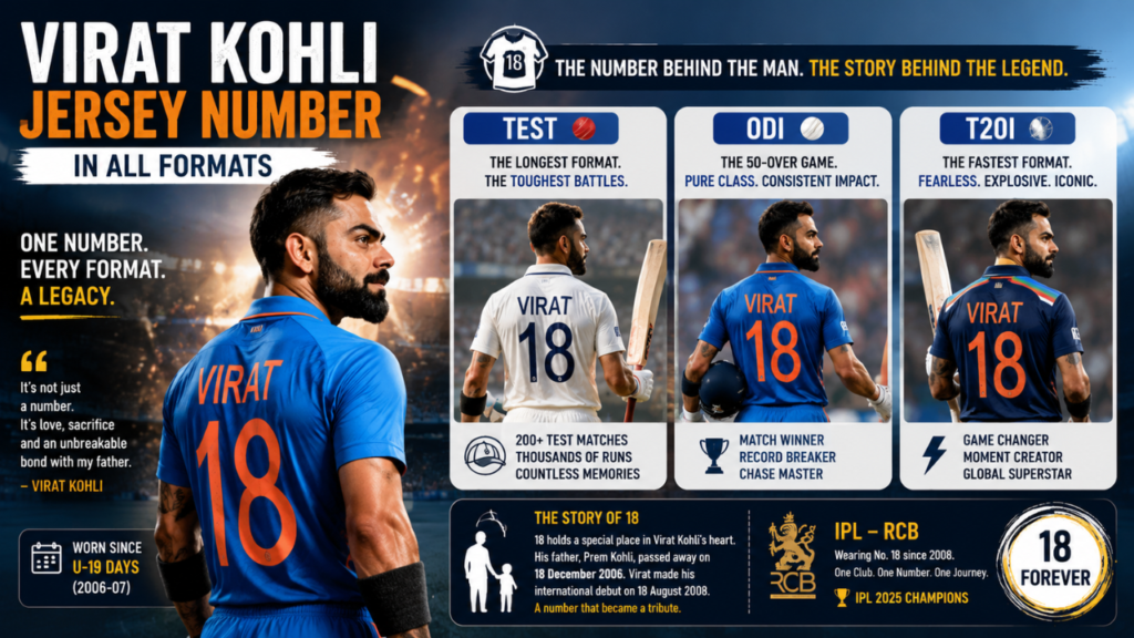 Infographic showing Virat Kohli's jersey number 18 across Test, ODI, T20I, and IPL formats, highlighting the significance and legacy of his iconic cricket jersey.