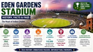 Infographic about Eden Gardens Stadium featuring its history, 1864 establishment, 68,000-seat capacity, home teams, record attendance, World Cup hosting, guided tours, and famous cricket atmosphere.