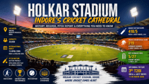 Holkar Stadium in Indore under floodlights featuring the cricket ground, packed stands, and key highlights including history, records, pitch report, and stadium information.
