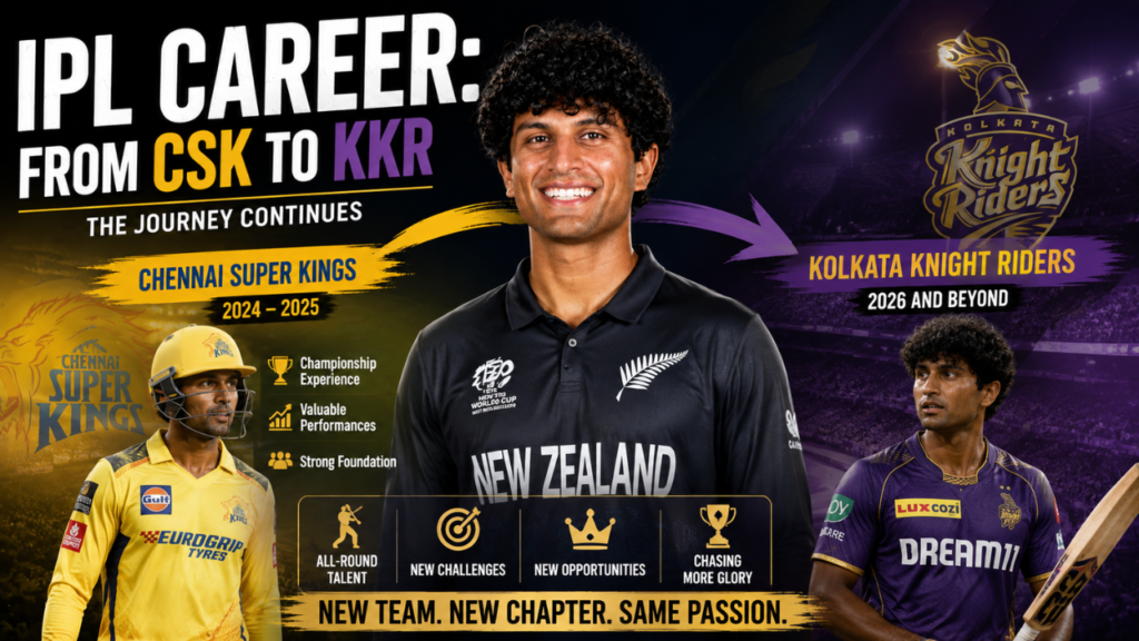 Feature image illustrating Rachin Ravindra's IPL career from Chennai Super Kings (CSK) to Kolkata Knight Riders (KKR), highlighting his team transition, achievements, and new chapter in IPL 2026.