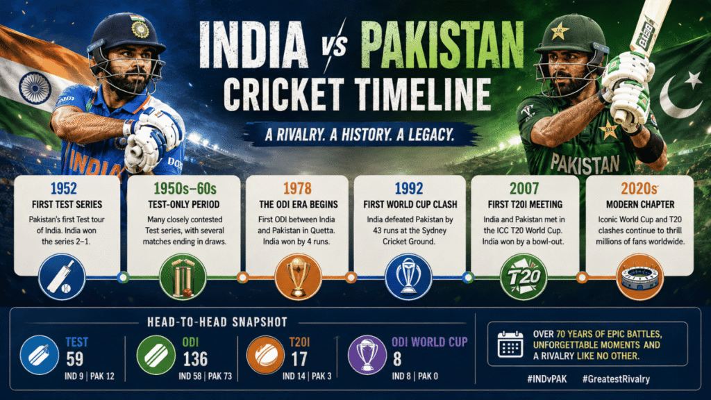 India national cricket team vs Pakistan national cricket team timeline featuring key matches and rivalry milestones from 1952 to the 2020s.