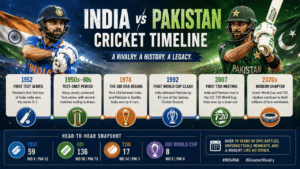 India national cricket team vs Pakistan national cricket team timeline featuring key matches and rivalry milestones from 1952 to the 2020s.