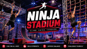 Ninja Stadium indoor obstacle arena with athletes training on ninja warrior-style obstacles