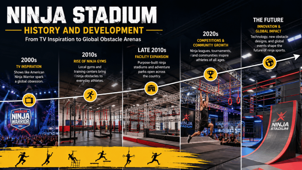 Ninja Stadium history and development timeline showing the evolution of Ninja Warrior-style obstacle arenas from TV-inspired courses to modern training gyms and competitive ninja sports facilities.