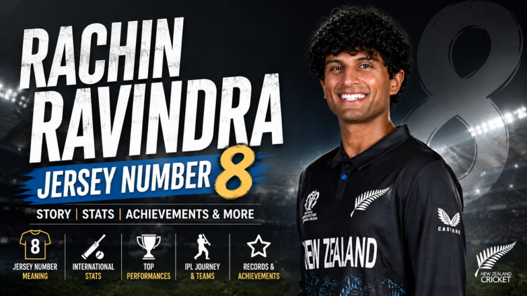 Feature image of Rachin Ravindra wearing the New Zealand cricket jersey with the headline "Rachin Ravindra Jersey Number 8," highlighting the meaning behind his jersey number, career stats, IPL journey, and achievements.