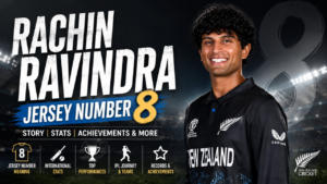Feature image of Rachin Ravindra wearing the New Zealand cricket jersey with the headline "Rachin Ravindra Jersey Number 8," highlighting the meaning behind his jersey number, career stats, IPL journey, and achievements.
