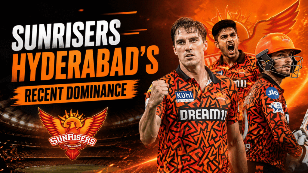 Sunrisers Hyderabad players celebrating recent dominance in an orange-themed IPL stadium with team logo and bold title text.