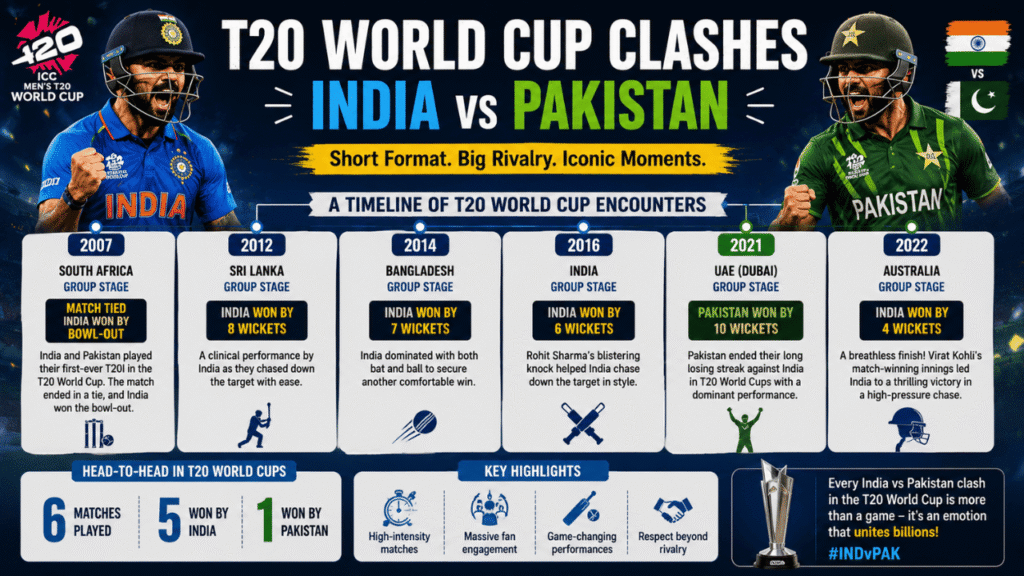 T20 World Cup clashes between India and Pakistan featuring key matches, results, and memorable moments from 2007 to 2022.