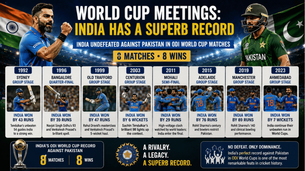 World Cup meetings between India and Pakistan showing India’s unbeaten ODI World Cup record of 8 matches and 8 wins from 1992 to 2023.