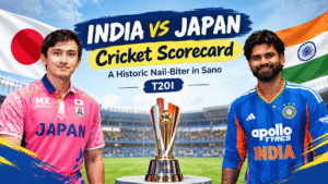 India vs Japan cricket scorecard featuring both teams, a trophy, and a historic T20I match in Sano.