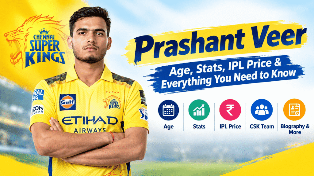 Prashant Veer in a Chennai Super Kings jersey with details about his age, stats, IPL price, and CSK team.