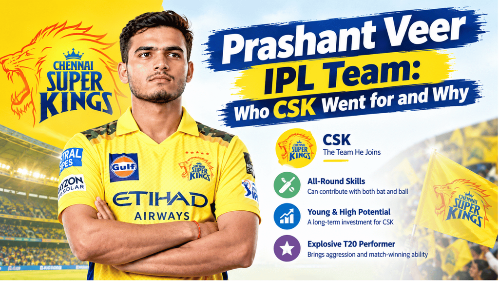 Prashant Veer IPL team profile showing his CSK connection, all-round skills, young potential, and role in Chennai Super Kings.