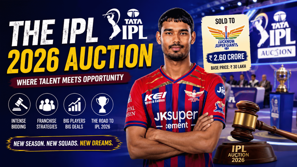 IPL 2026 Auction feature image showing Mukul Choudhary, auction gavel, franchise bidding, and IPL auction graphics.  