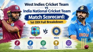 West Indies Cricket Team vs India National Cricket Team Match Scorecard featuring the 1st ODI, team logos, batting and bowling figures, key milestones, match result, and highlights.
