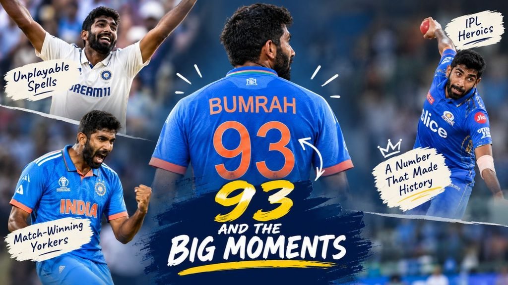 Jasprit Bumrah wearing jersey number 93 in a cricket collage highlighting his iconic bowling performances, match-winning yorkers, IPL heroics, and memorable moments for Team India.
