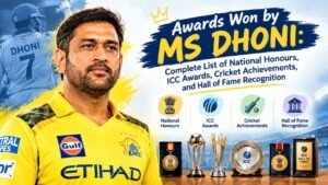 Awards won by MS Dhoni feature image highlighting his national honours, ICC awards, cricket achievements, Padma Bhushan, major trophies, and ICC Cricket Hall of Fame recognition.