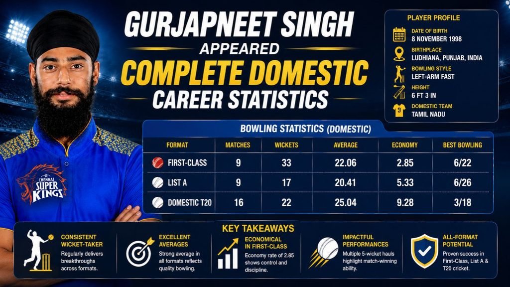 Gurjapneet Singh complete domestic career statistics infographic showing First-Class, List A, and T20 bowling records, wickets, averages, economy rates, and best bowling figures.
