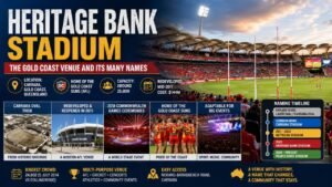 Heritage Bank Stadium infographic showing its Gold Coast location, seating capacity, Gold Coast Suns connection, redevelopment history, major events, and naming timeline from Carrara Stadium to People First Stadium.