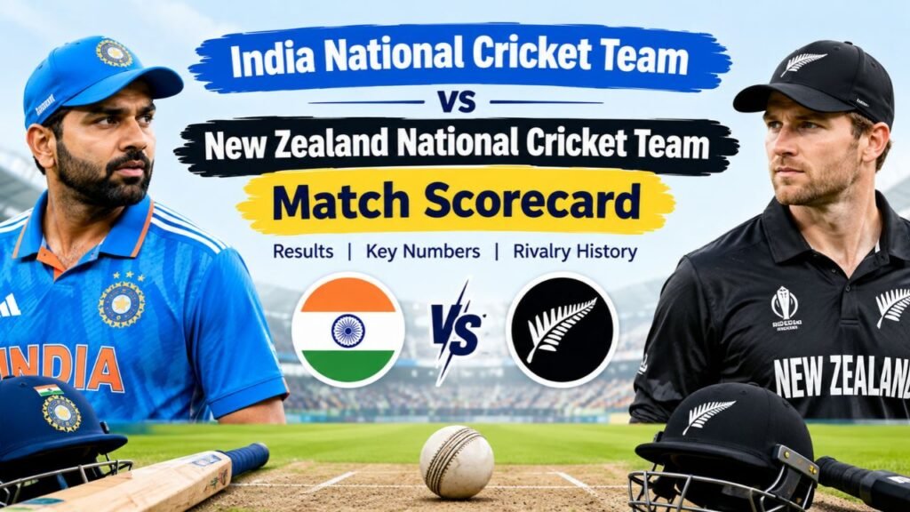 India national cricket team vs New Zealand national cricket team match scorecard featuring both teams, cricket players, team flags, and match results.