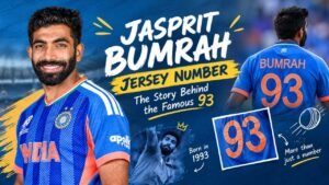 Jasprit Bumrah jersey number 93 feature image showing the Indian fast bowler in his blue India cricket jersey, highlighting the story and meaning behind his famous number.