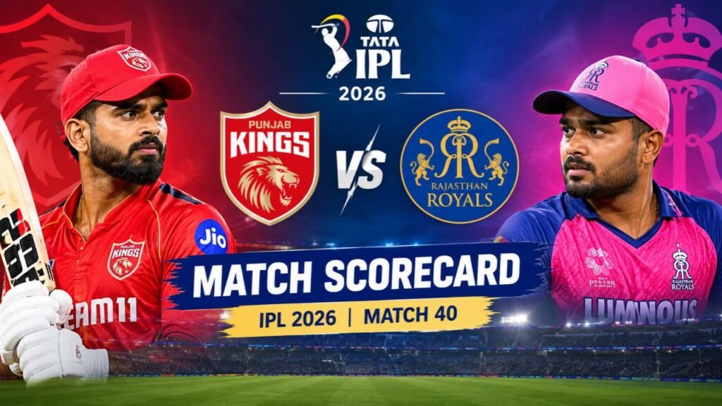 Punjab Kings vs Rajasthan Royals match scorecard for IPL 2026 Match 40 featuring team logos, players, and stadium backdrop.