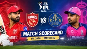 Punjab Kings vs Rajasthan Royals match scorecard for IPL 2026 Match 40 featuring team logos, players, and stadium backdrop.