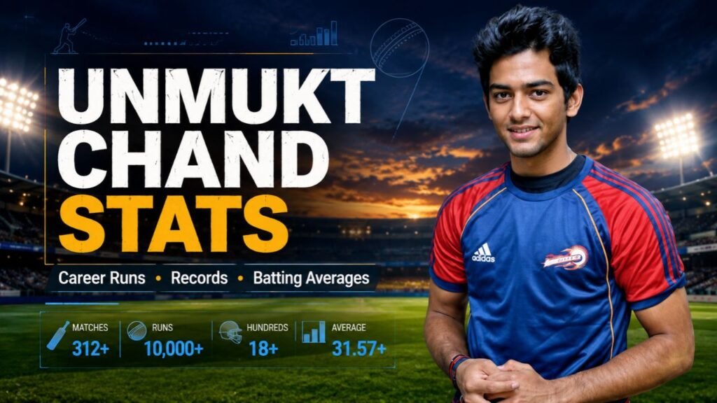 Unmukt Chand stats feature image showing his cricket career, batting records, runs, centuries, and averages.